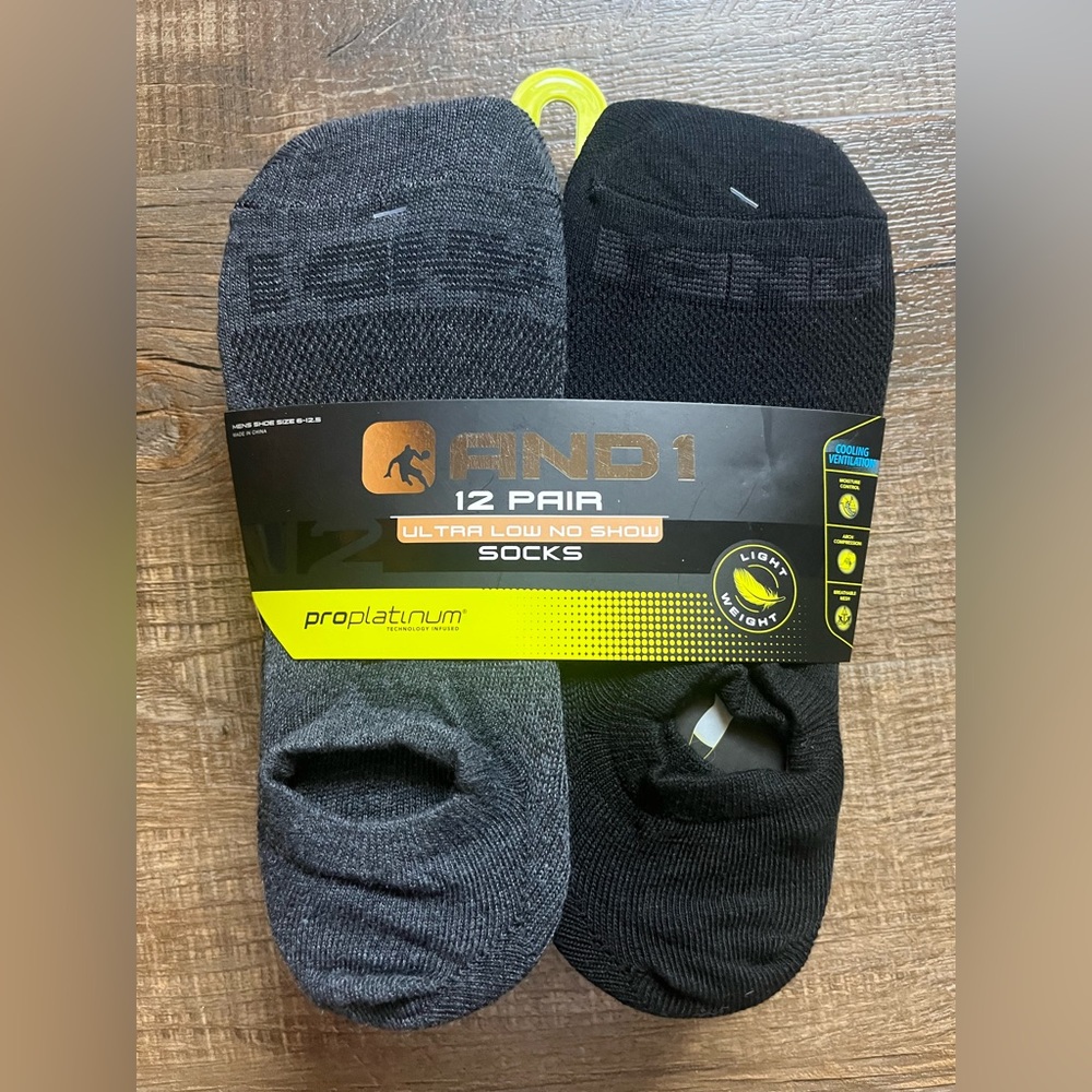 12 pk AND1 Men's Ultra Low No Show Socks - Black and Gray. NWT. Shoe size 6-12.5